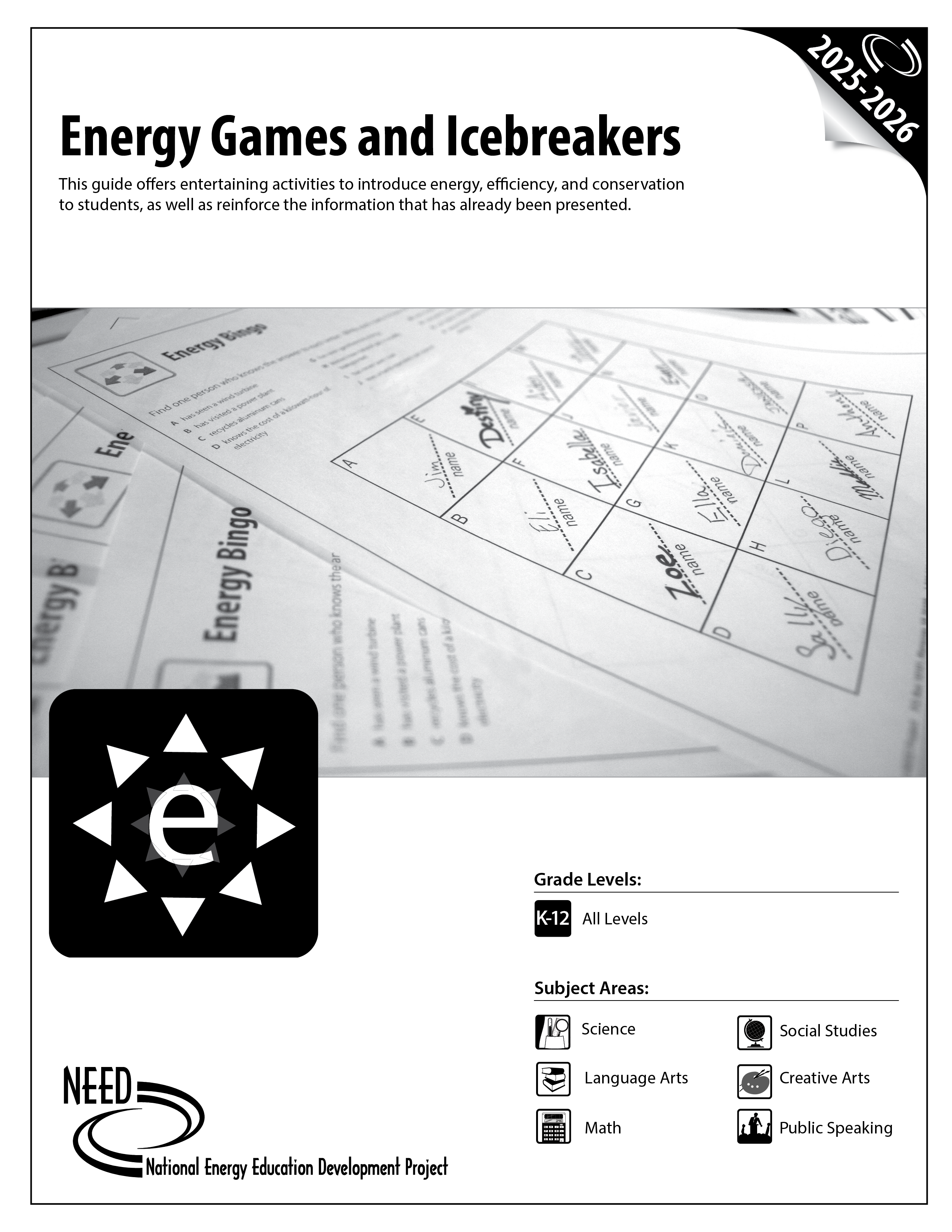 Energy Games and Icebreakers Guide Cover 2025-2026, meant for all grade levels, and covers Social Studies, Math, Public Speaking, Language Arts, Science, and Creative Arts.