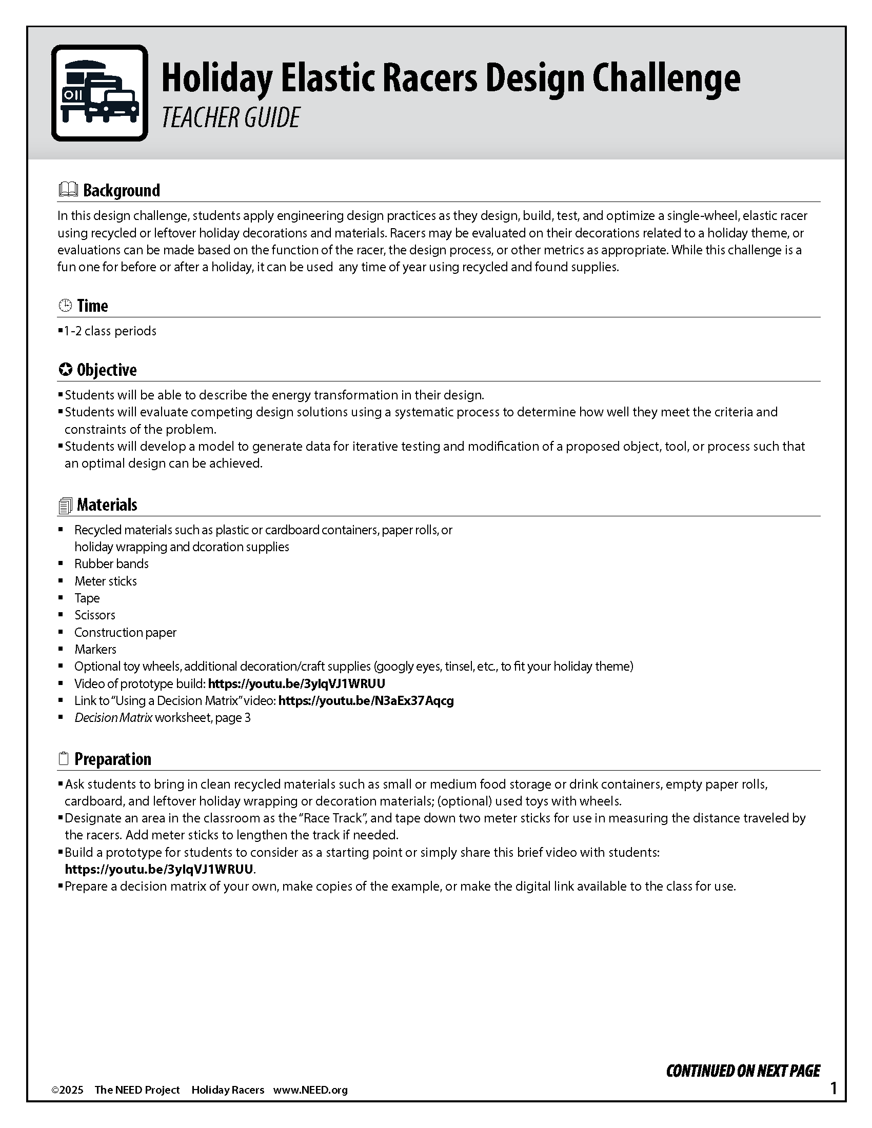 Holiday Racers - Teacher Guide.